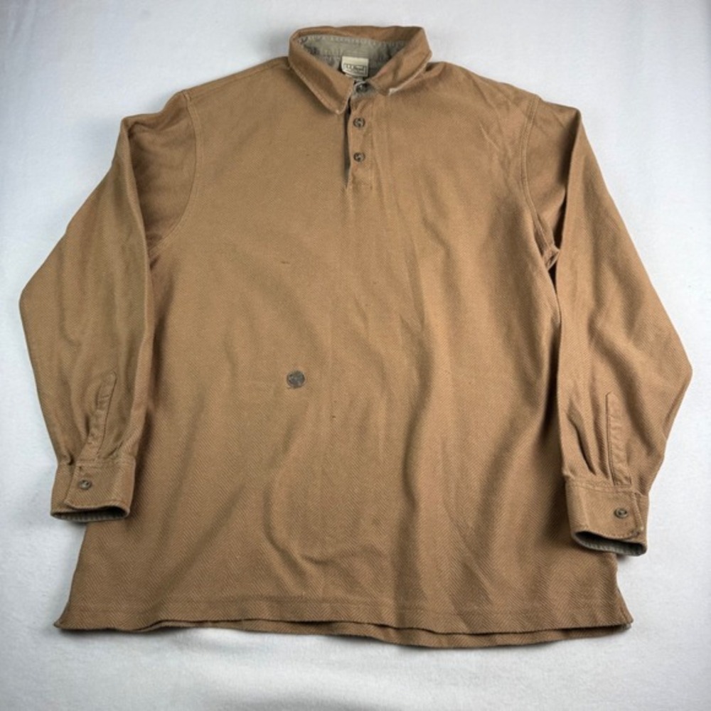 LL Bean Mens XL Tall Herringbone Cotton Long Sleeve Polo‎ Shirt Tan ORW02